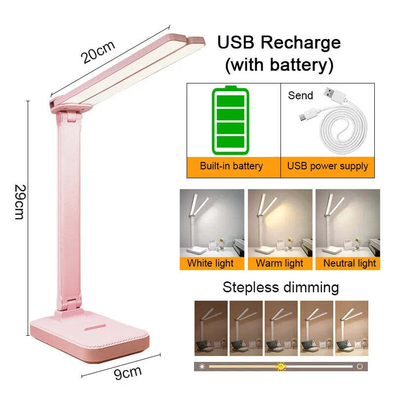 LED desk lamp with 3 levels of dimmable touch control and USB rechargeable design