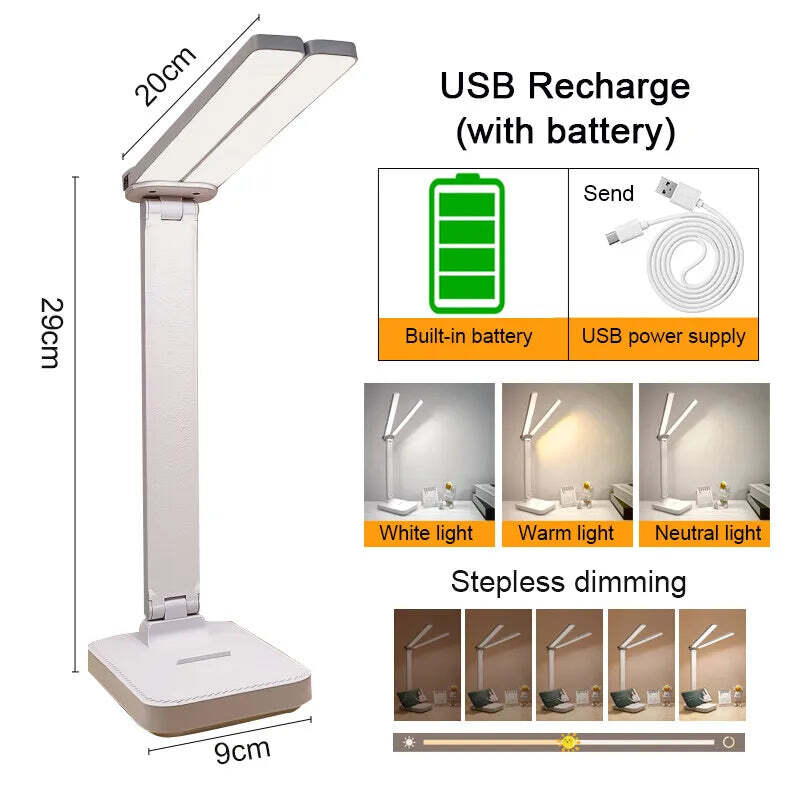 LED desk lamp with 3 levels of dimmable touch control and USB rechargeable design