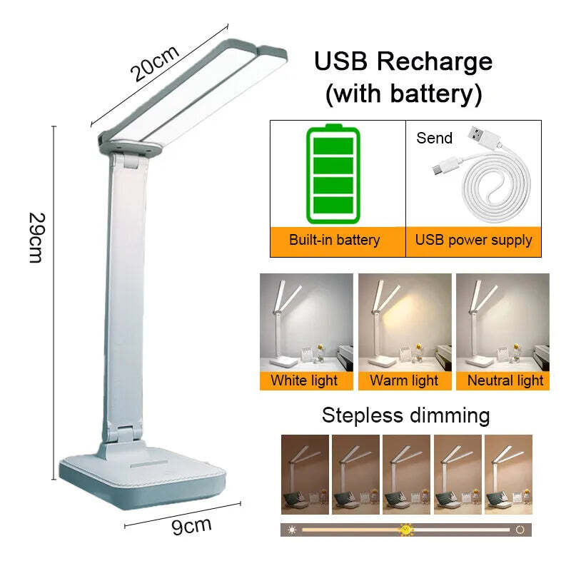 LED desk lamp with 3 levels of dimmable touch control and USB rechargeable design