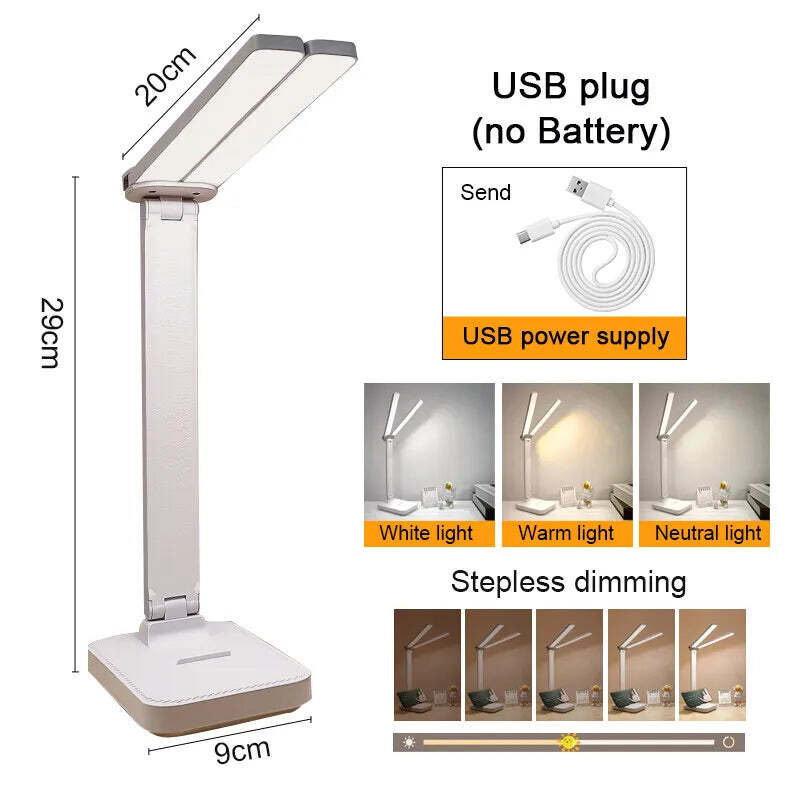 LED desk lamp with 3 levels of dimmable touch control and USB rechargeable design