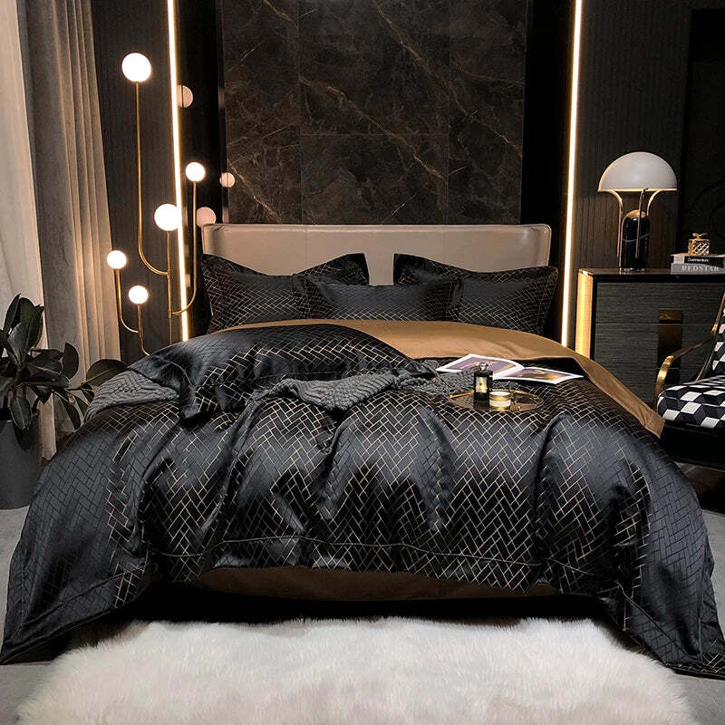 Luxury black gold yarn-dyed jacquard Egyptian cotton bedding set