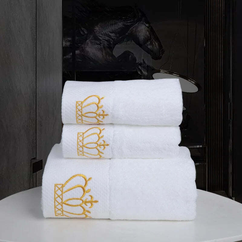 Luxury cotton bath towel set with embroidered crown design