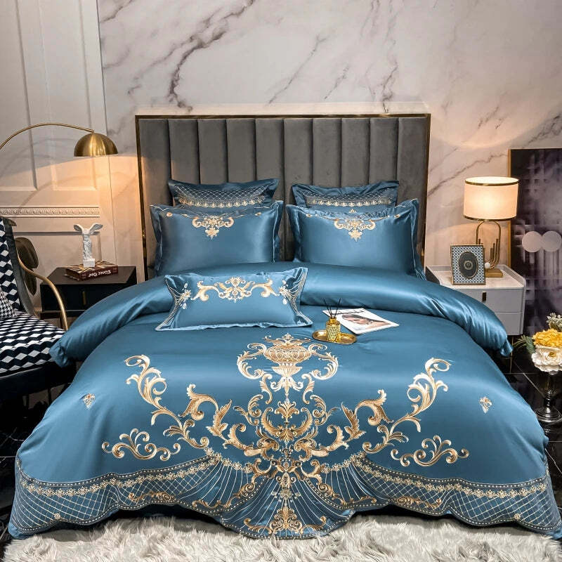 Luxury gold embroidery satin cotton duvet cover and bedding set in pearl white