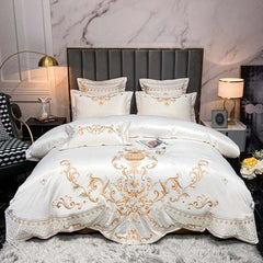 Luxury gold embroidery satin cotton duvet cover and bedding set in pearl white