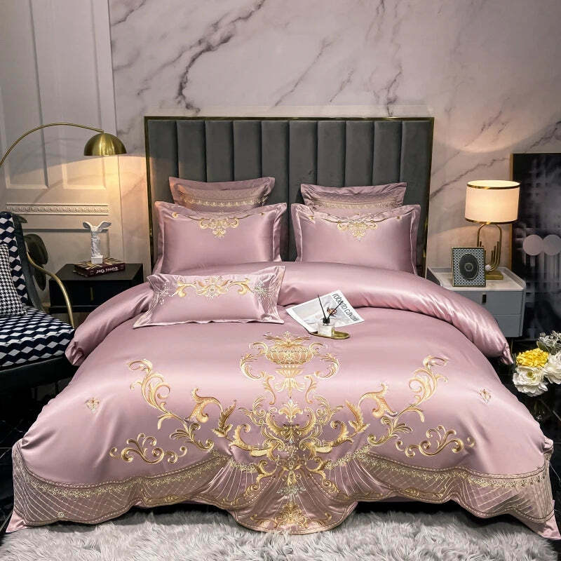 Luxury gold embroidery satin cotton duvet cover and bedding set in pearl white