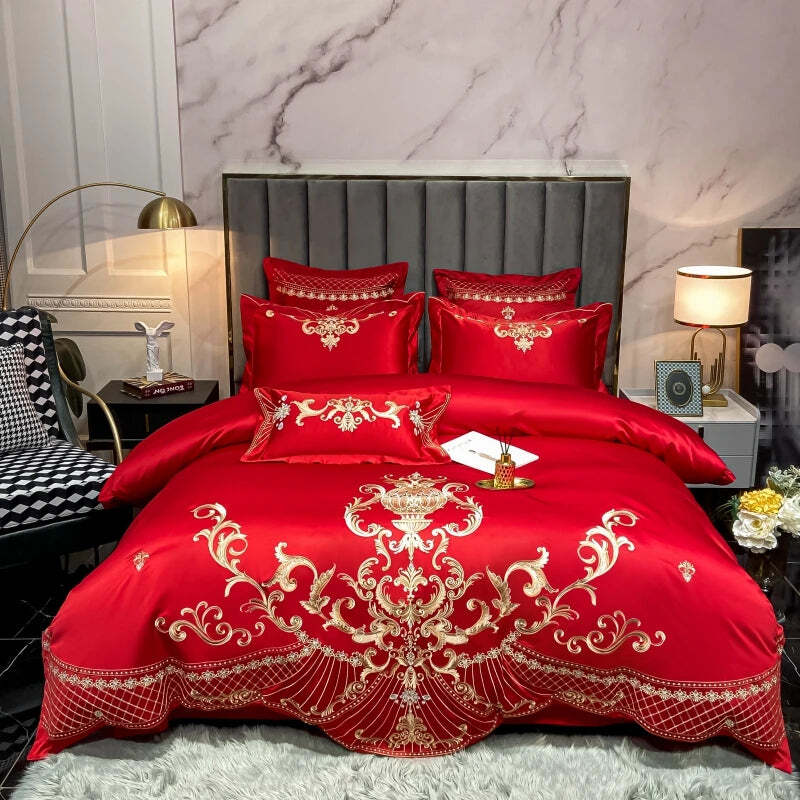 Luxury gold embroidery satin cotton duvet cover and bedding set in pearl white