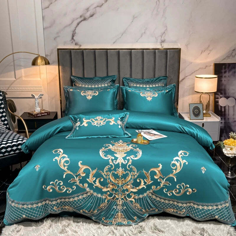 Luxury gold embroidery satin cotton duvet cover and bedding set in pearl white