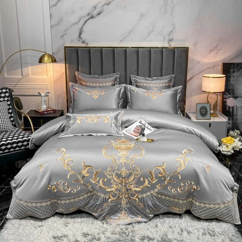 Luxury gold embroidery satin cotton duvet cover and bedding set in pearl white