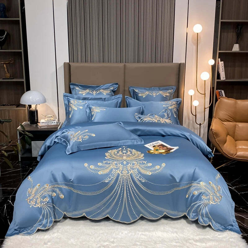 Luxury gold feather embroidery Egyptian cotton bedding set with duvet cover and pillowcases