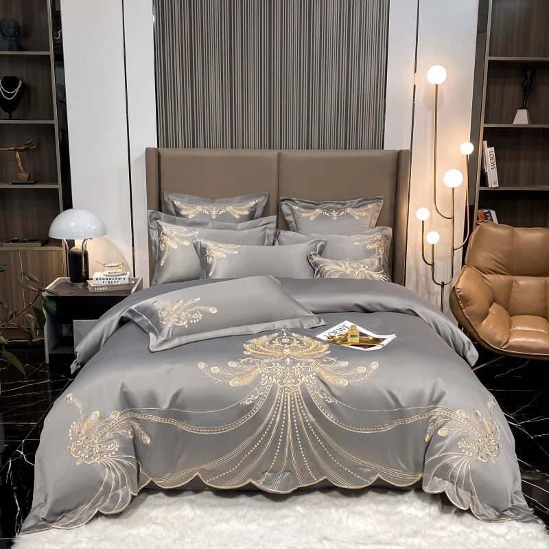 Luxury gold feather embroidery Egyptian cotton bedding set with duvet cover and pillowcases