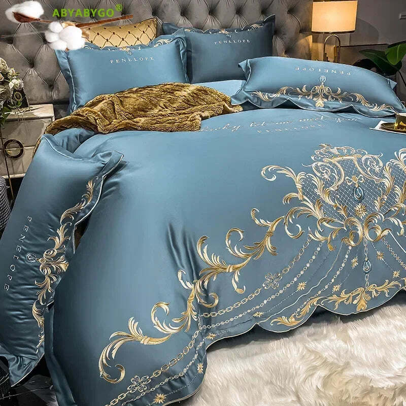 Luxury gold royal embroidery bedding set in pure cotton with satin duvet cover and pillowcases