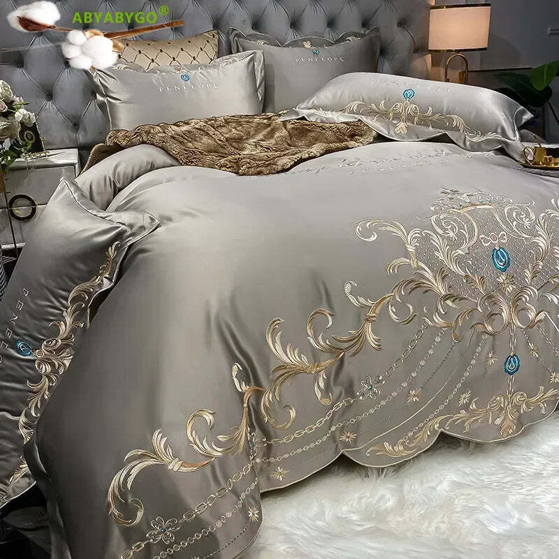 Luxury gold royal embroidery bedding set in pure cotton with satin duvet cover and pillowcases