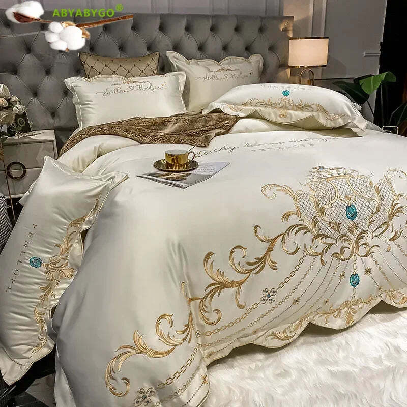 Luxury gold royal embroidery bedding set in pure cotton with satin duvet cover and pillowcases