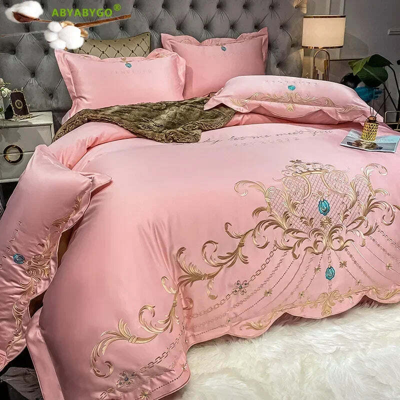 Luxury gold royal embroidery bedding set in pure cotton with satin duvet cover and pillowcases