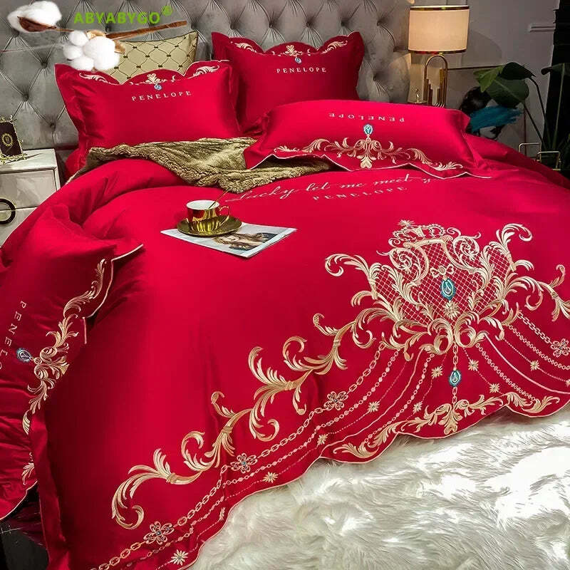 Luxury gold royal embroidery bedding set in pure cotton with satin duvet cover and pillowcases