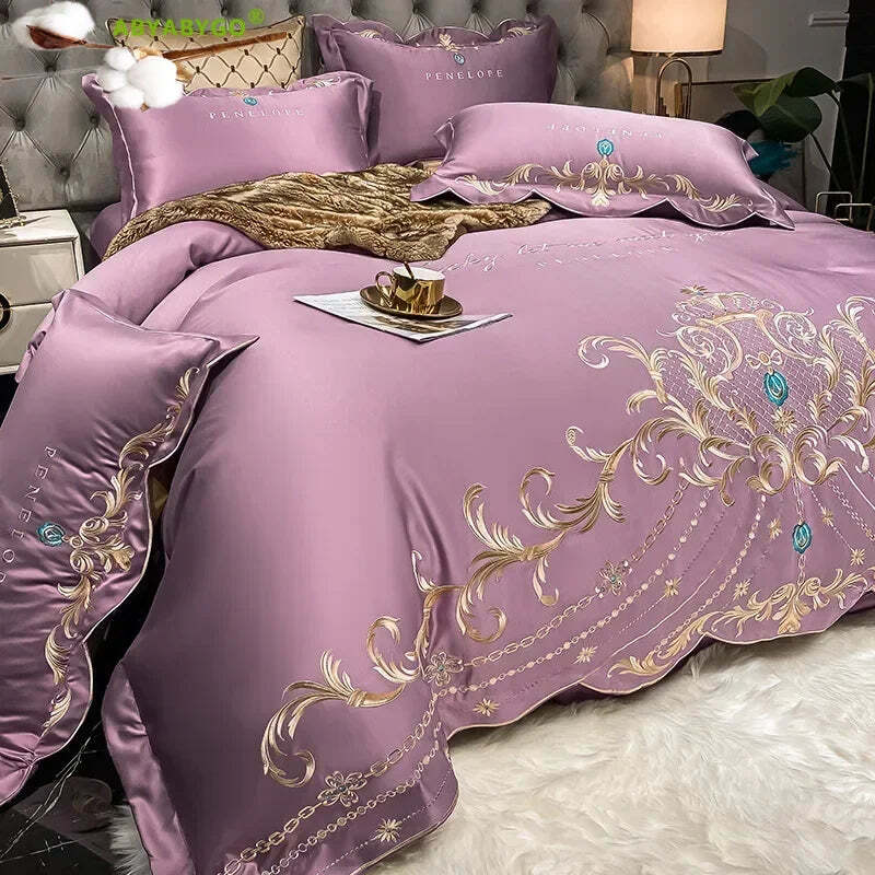 Luxury gold royal embroidery bedding set in pure cotton with satin duvet cover and pillowcases