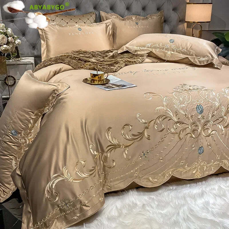 Luxury gold royal embroidery bedding set in pure cotton with satin duvet cover and pillowcases