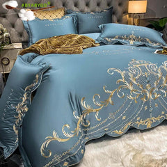 Luxury gold royal embroidery bedding set in pure cotton with satin duvet cover and pillowcases