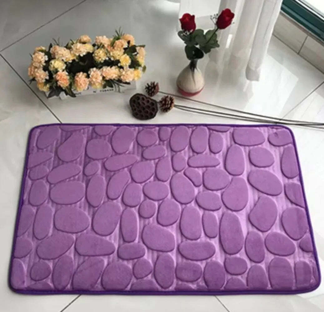 Memory foam non-slip stone bath mat with cobblestone embossed design