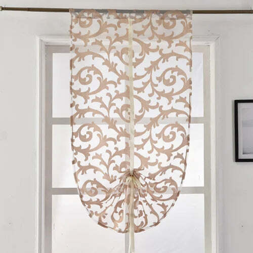 Modern sheer tie-up kitchen curtain in white and black jacquard