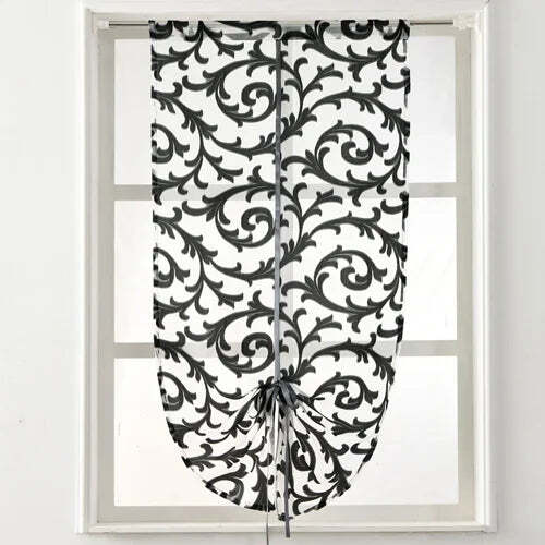 Modern sheer tie-up kitchen curtain in white and black jacquard