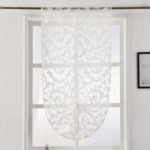 Modern sheer tie-up kitchen curtain in white and black jacquard