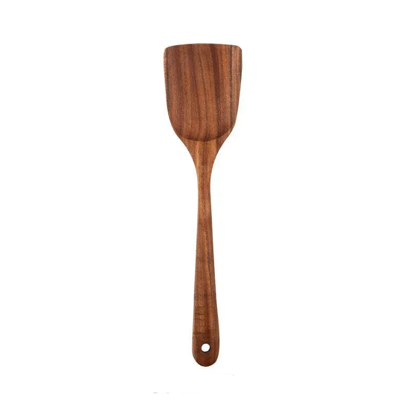 Natural teak wooden cooking utensils set with spoon rest and holder for non-stick cookware