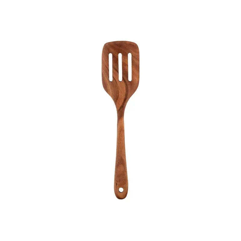 Natural teak wooden cooking utensils set with spoon rest and holder for non-stick cookware