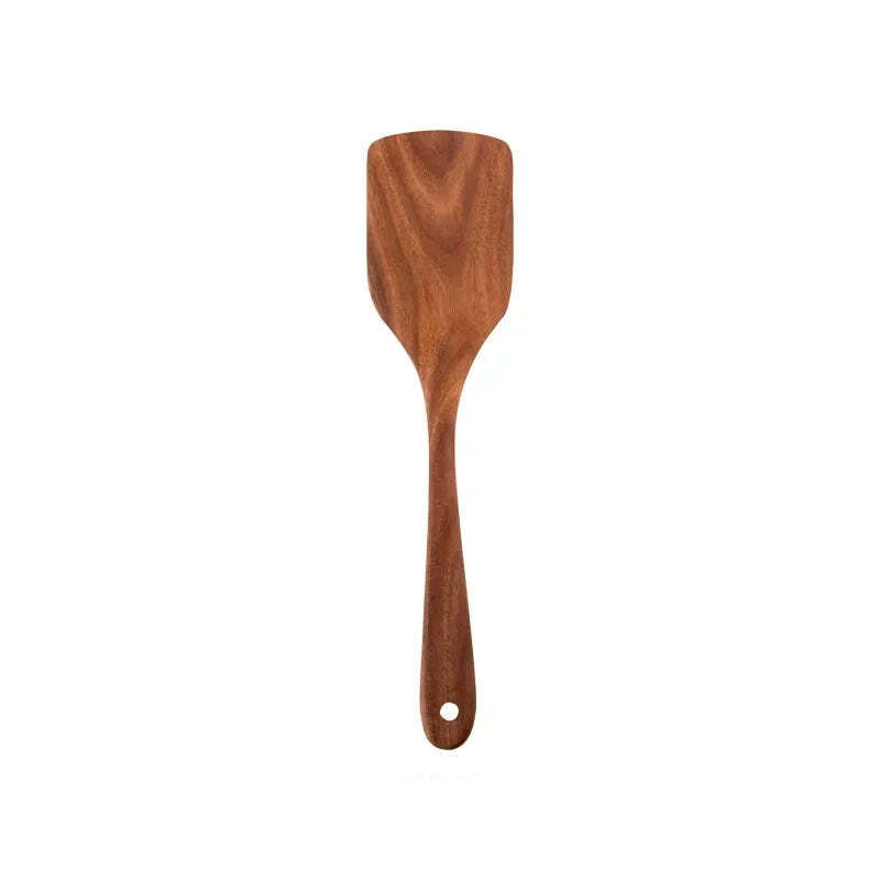 Natural teak wooden cooking utensils set with spoon rest and holder for non-stick cookware