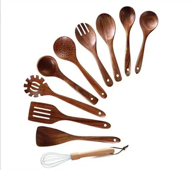 Natural teak wooden cooking utensils set with spoon rest and holder for non-stick cookware