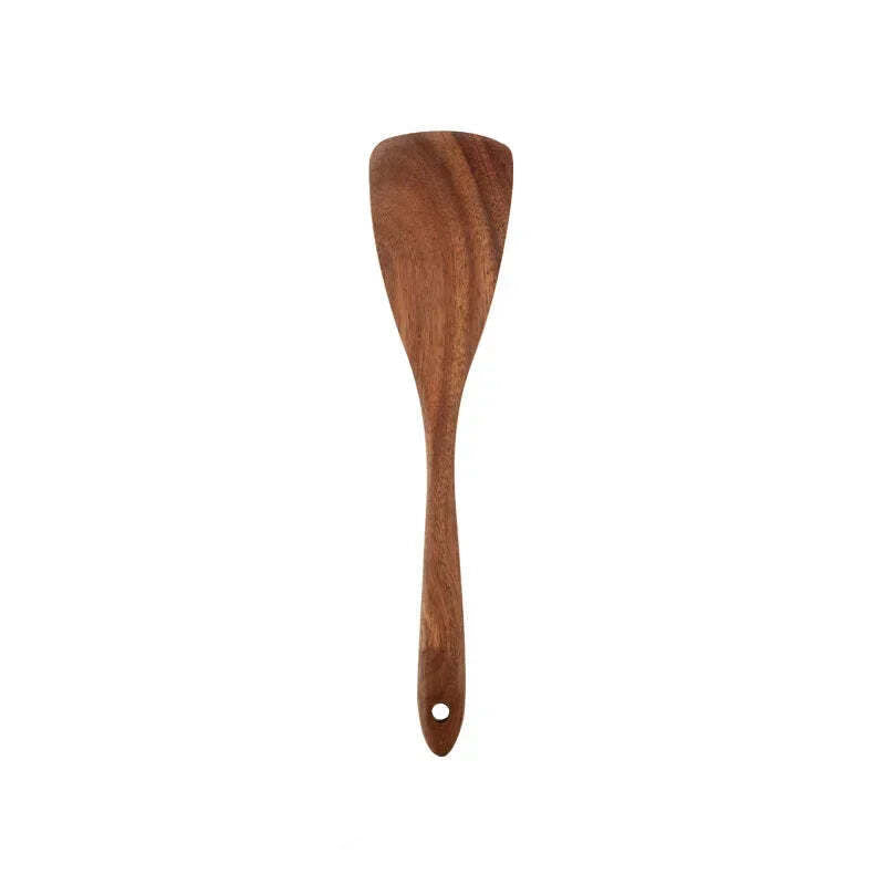 Natural teak wooden cooking utensils set with spoon rest and holder for non-stick cookware