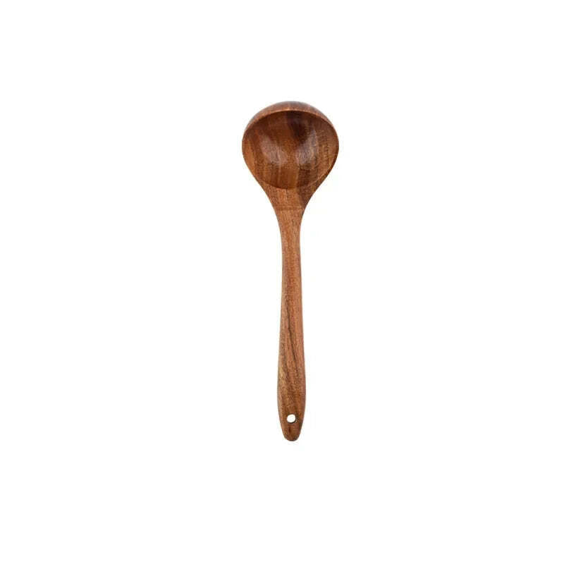 Natural teak wooden cooking utensils set with spoon rest and holder for non-stick cookware