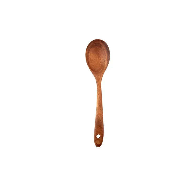 Natural teak wooden cooking utensils set with spoon rest and holder for non-stick cookware