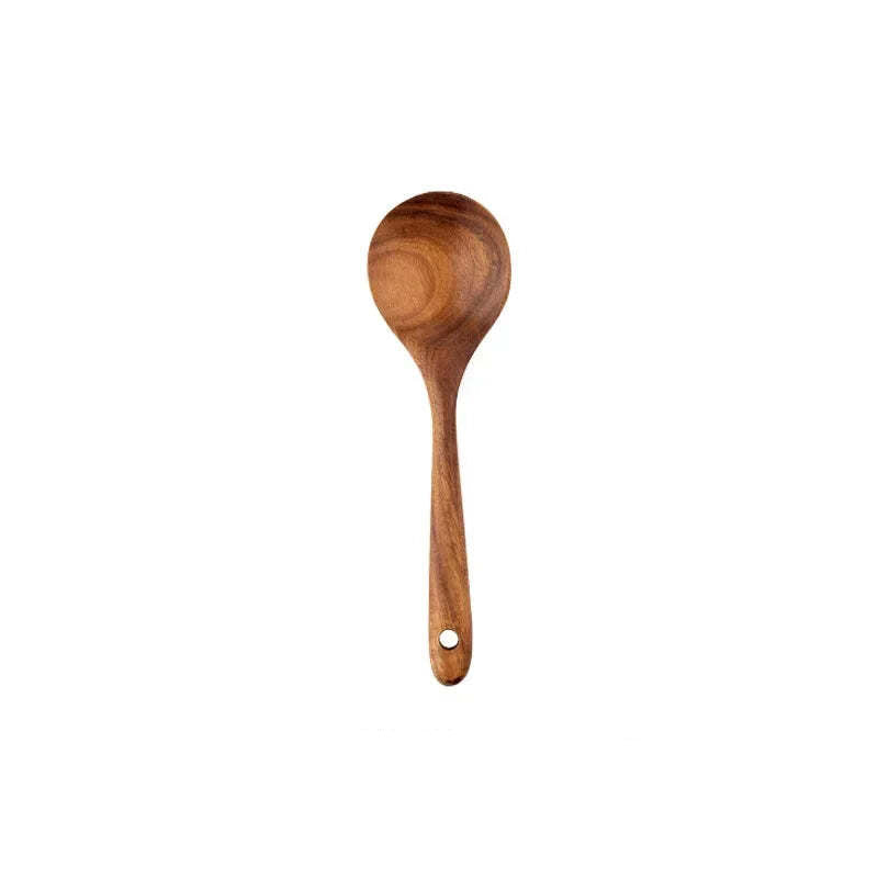 Natural teak wooden cooking utensils set with spoon rest and holder for non-stick cookware