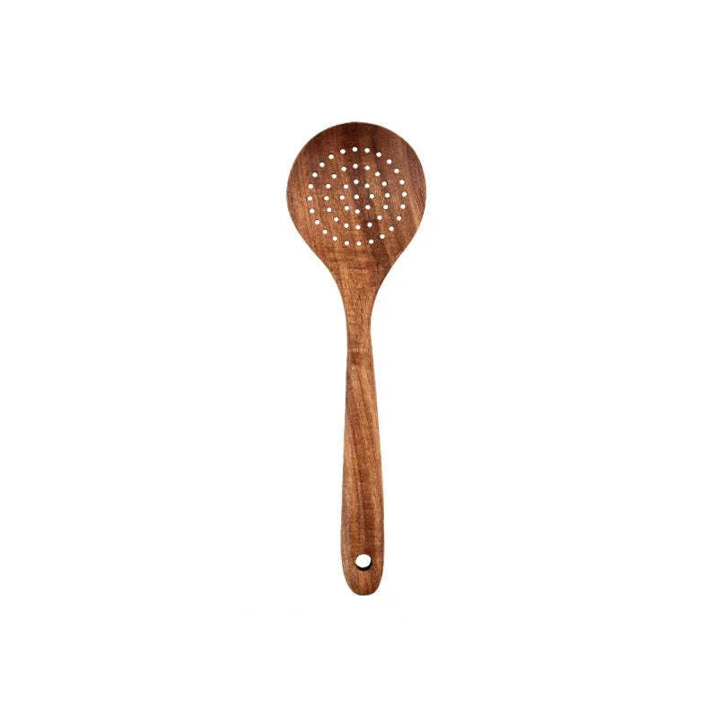 Natural teak wooden cooking utensils set with spoon rest and holder for non-stick cookware