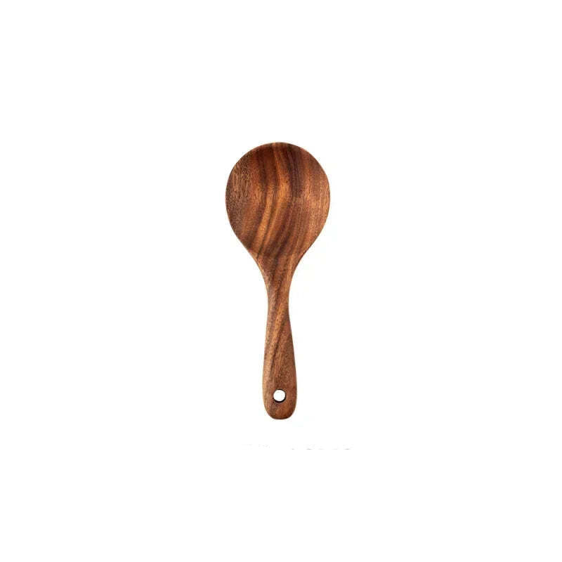 Natural teak wooden cooking utensils set with spoon rest and holder for non-stick cookware