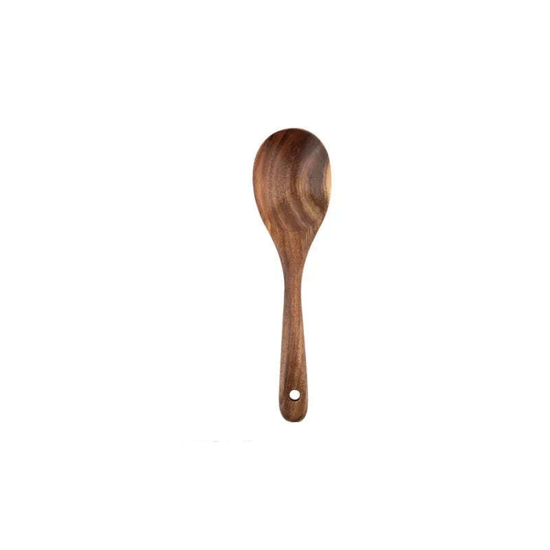 Natural teak wooden cooking utensils set with spoon rest and holder for non-stick cookware