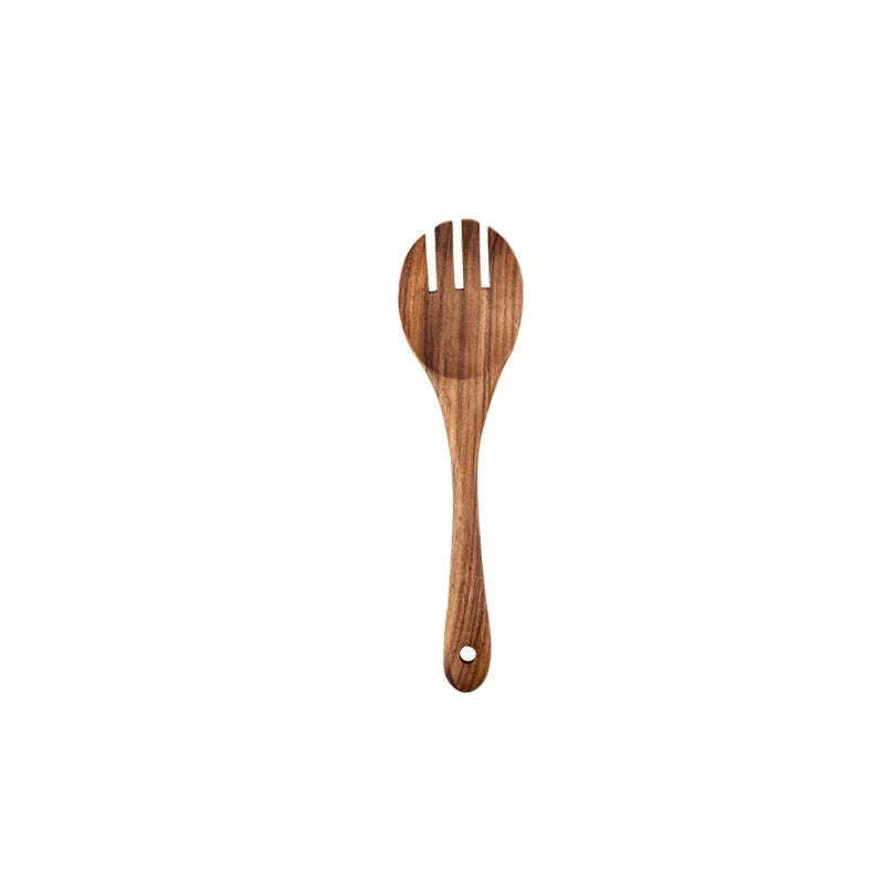 Natural teak wooden cooking utensils set with spoon rest and holder for non-stick cookware