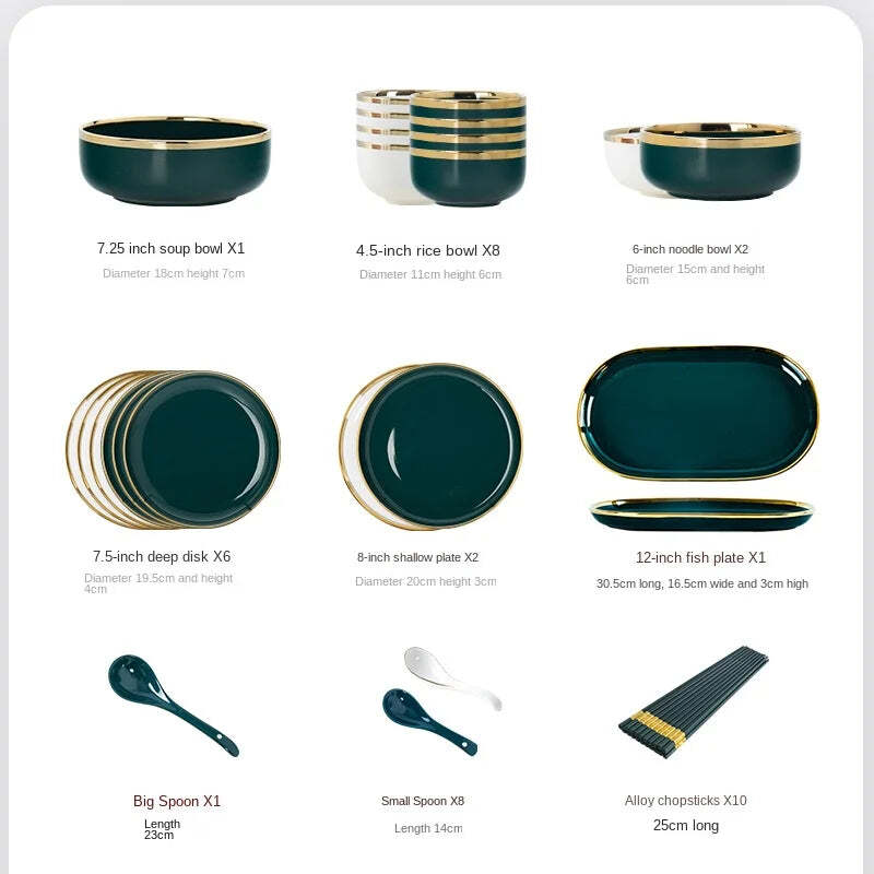 Nordic ceramic green and white dinnerware set with gold trim