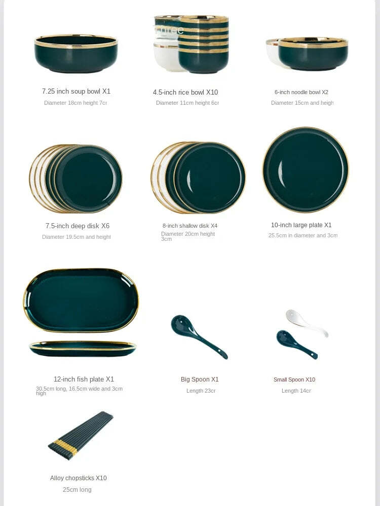 Nordic ceramic green and white dinnerware set with gold trim