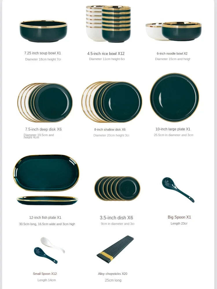 Nordic ceramic green and white dinnerware set with gold trim