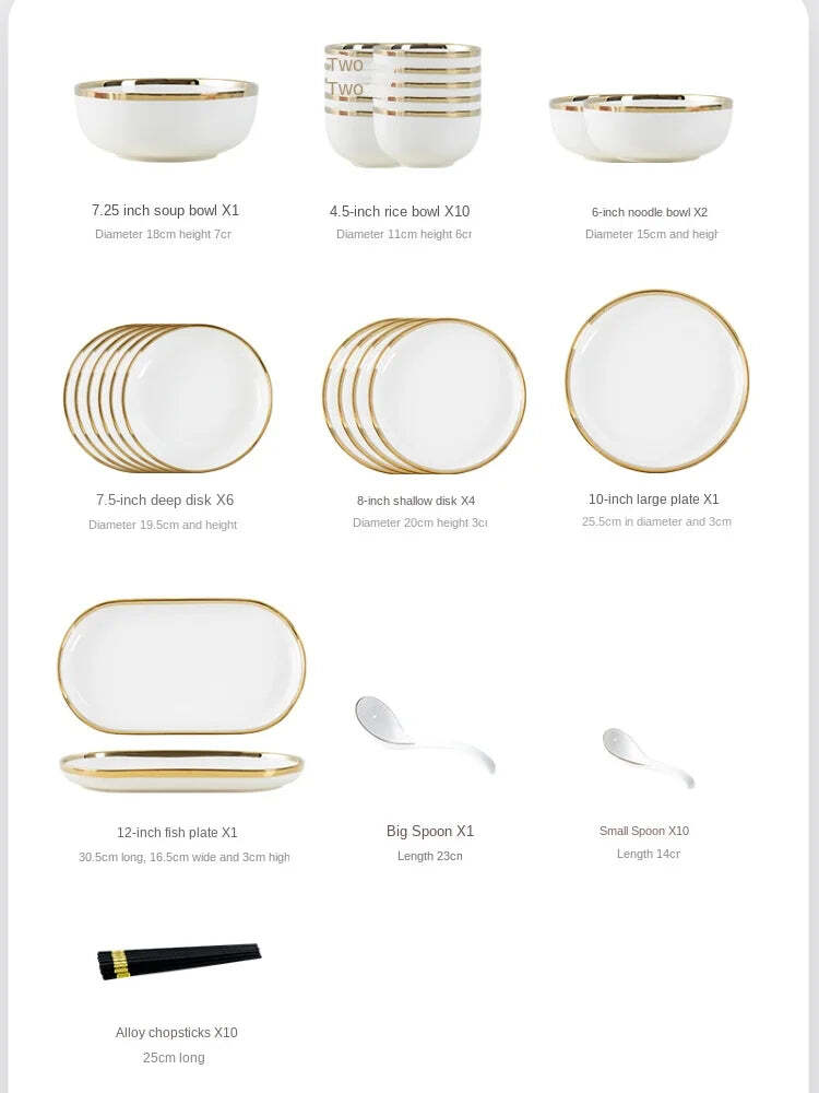 Nordic ceramic green and white dinnerware set with gold trim