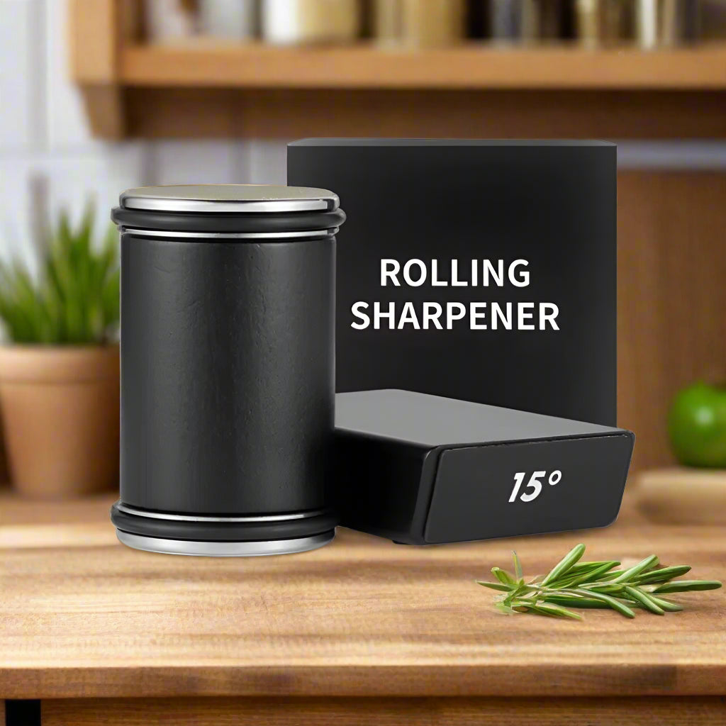 Rolling knife sharpener with diamond and ceramic discs for professional chefs