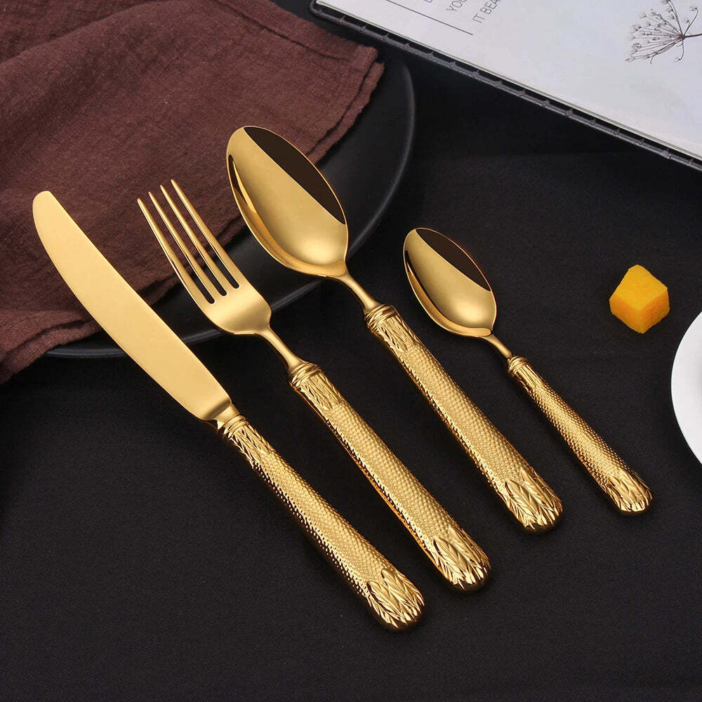 Rose gold 16-piece stainless steel dinnerware set for four, eco-friendly cutlery collection