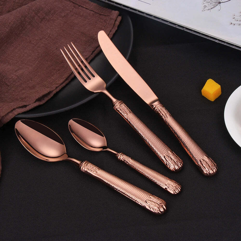 Rose gold 16-piece stainless steel dinnerware set for four, eco-friendly cutlery collection