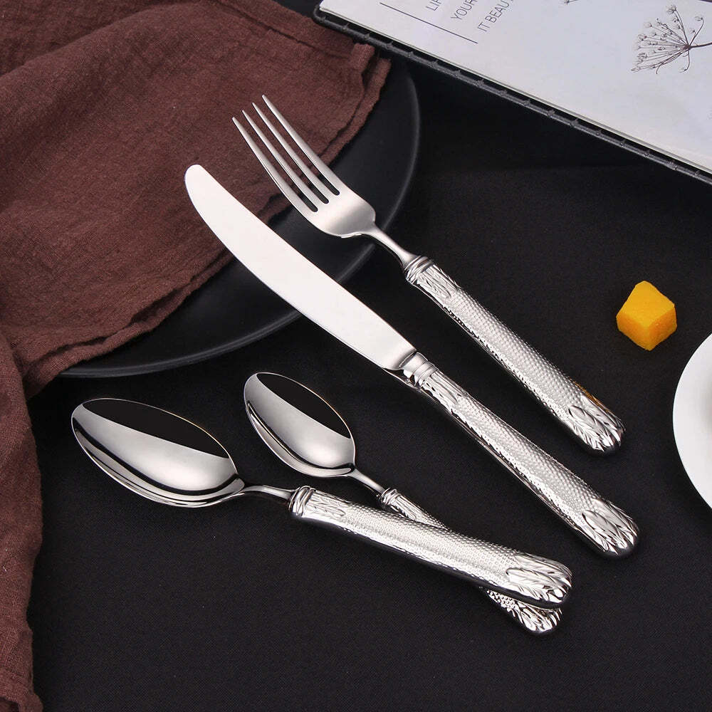 Rose gold 16-piece stainless steel dinnerware set for four, eco-friendly cutlery collection