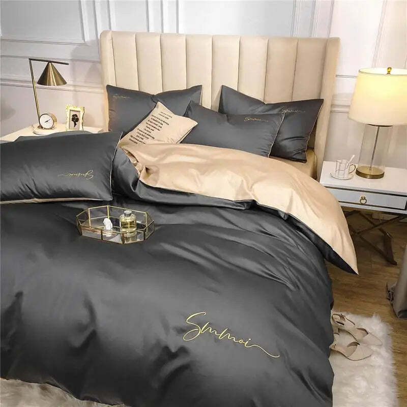 Silky soft 600TC Egyptian cotton embroidered duvet cover set with zipper