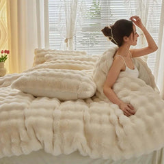 Thickened rabbit plush four-piece bedding set