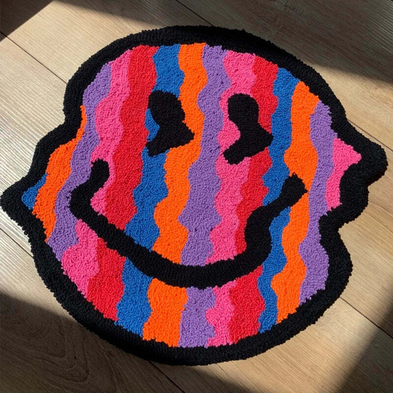 Twisted smiling plush rug - handmade, soft, and fluffy decoration for bedroom or bathroom