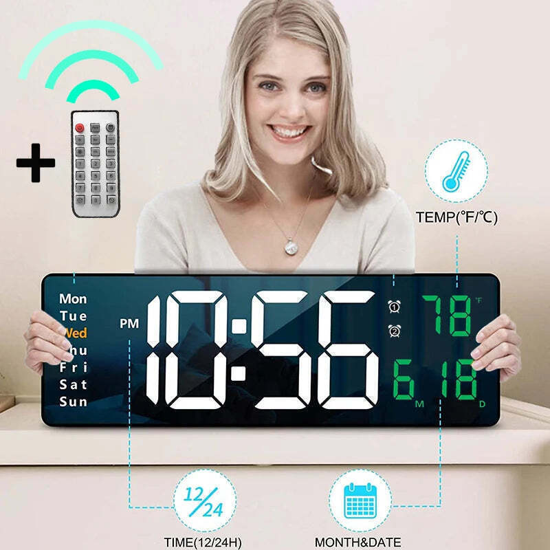 Image of Wall-mounted digital wall clock with remote control and dual alarms